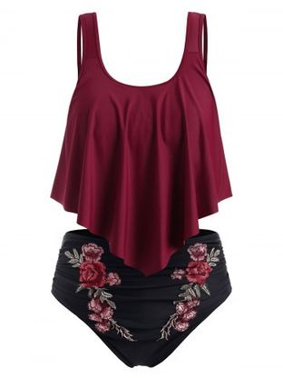 Plus Size & Curve Rose Embroidered Overlay Padded Tankini Swimsuit