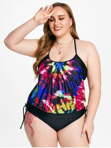 Tie Dye Double Up Strappy Backless Plus Size & Curve Tankini Swimsuit - MULTI - L