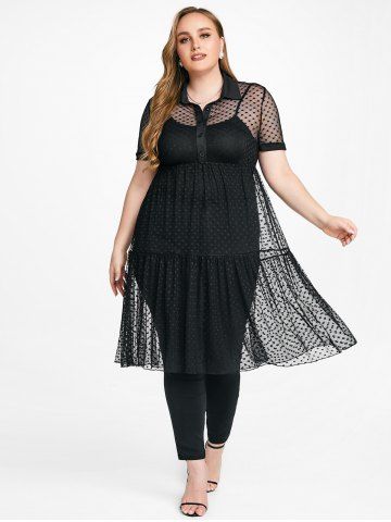 Plus Size Heart Pattern Longline Sheer Mesh Blouse and Camisole Twinset - BLACK - 4X