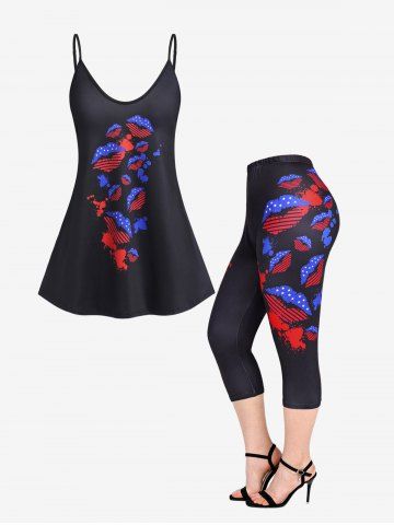 Patriotic American Flag Lips Print Plus Size Summer Outfit - BLACK