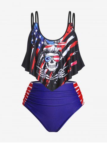 Plus Size & Curve American Flag Padded Overlay Patriotic Tankini Swimsuit - MULTI - 4X