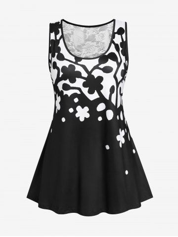 Plus Size & Curve Monochrome Floral Print Lace Panel Tank Top - BLACK - 4X | US 26-28