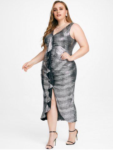 Plus Size & Curve Metallic Color Ruffled Party Bodycon Midi Dress