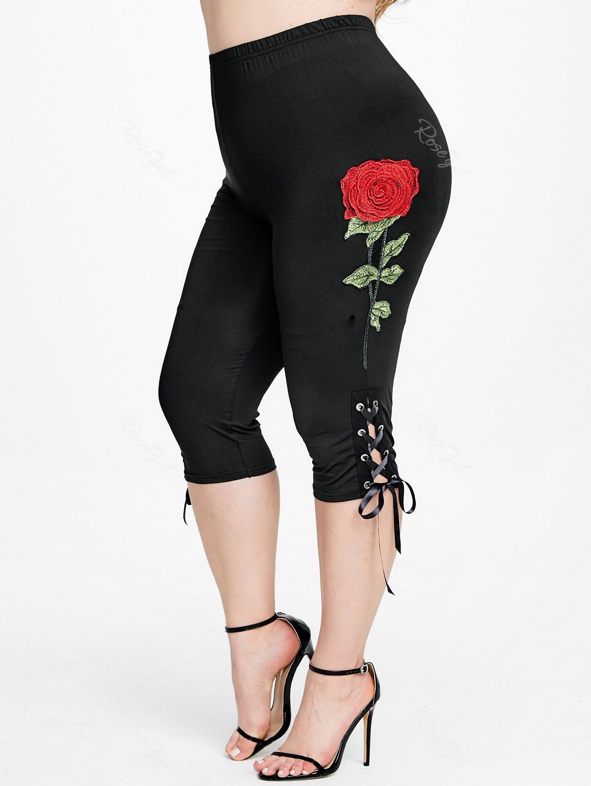 New Lace Up Rose Applique Plus Size & Curve Capri Leggings  