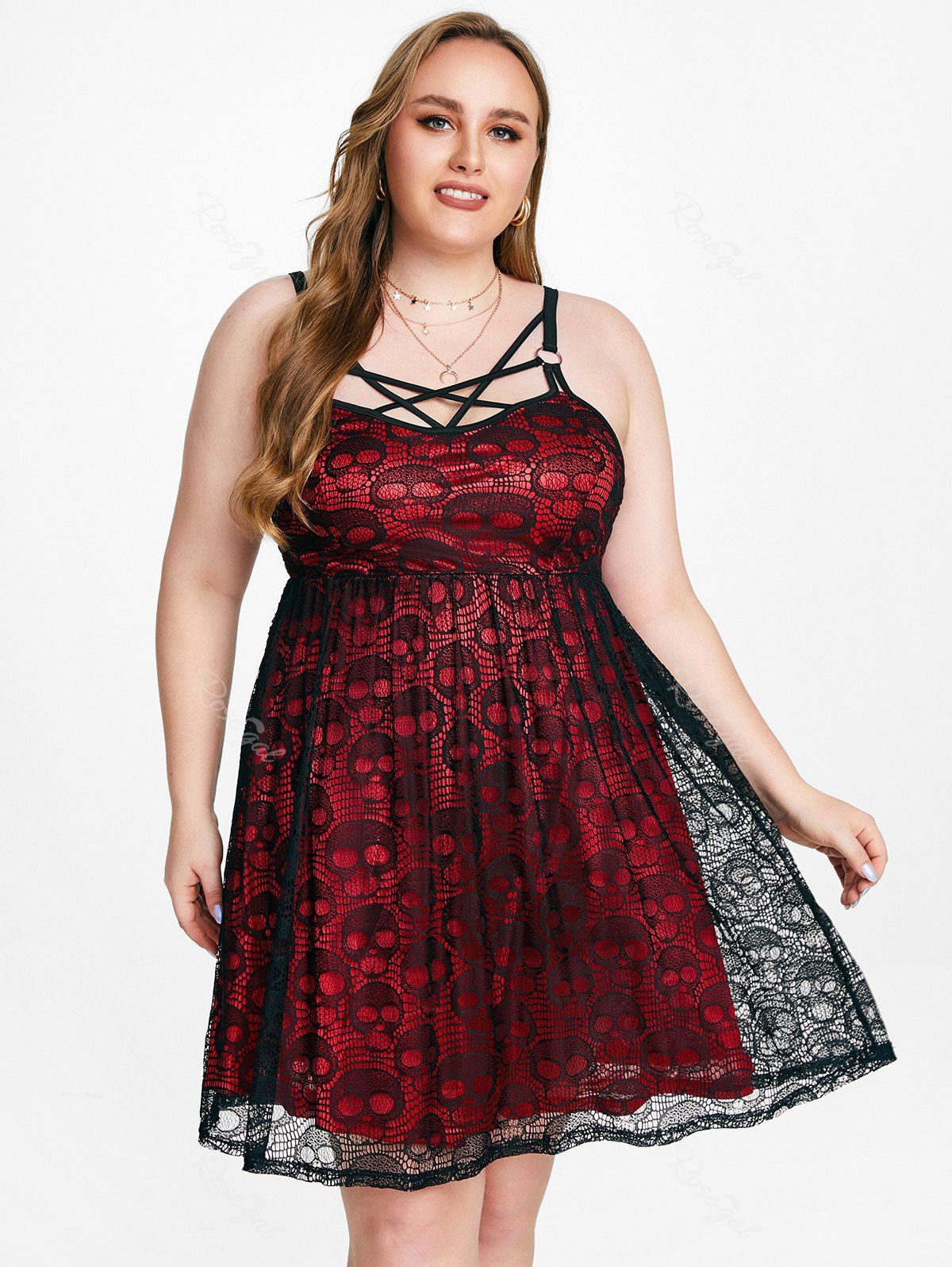 Store Plus Size Strappy Skull Lace Gothic Dress  
