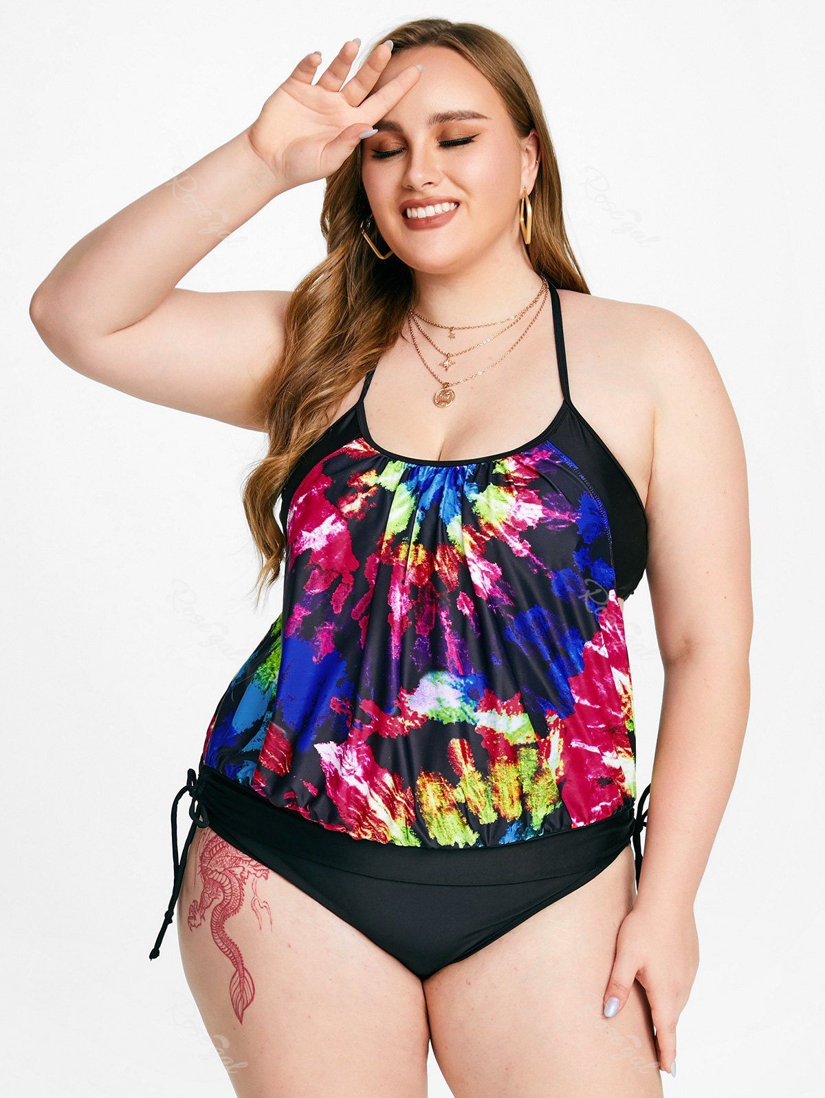 New Tie Dye Double Up Strappy Backless Plus Size & Curve Tankini Swimsuit  