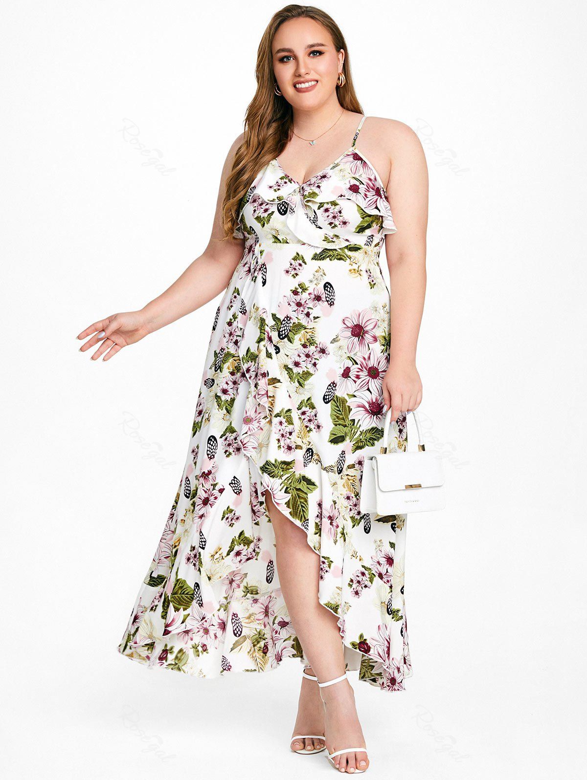 Outfit Plus Size & Curve Cottagecore Floral Flounce High Low Maxi Dress  