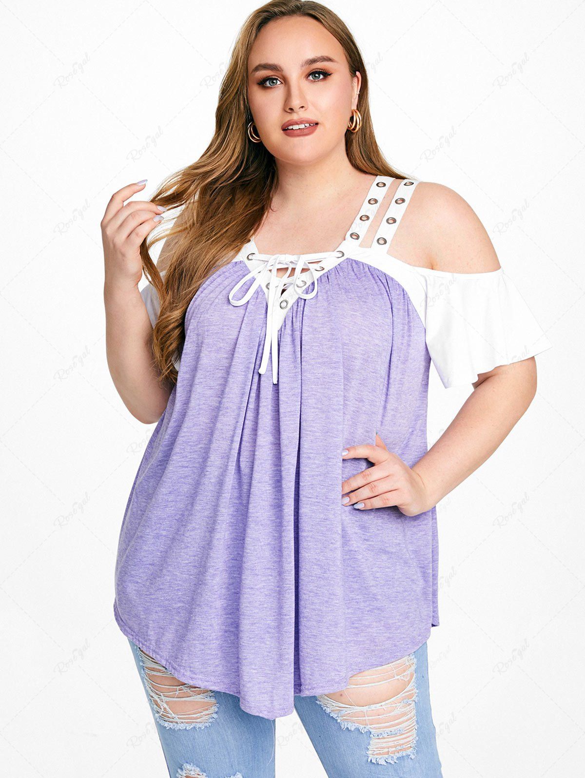 T-shirt Ourlet Courbe à Epaule Dénudée de Grande Taille à Lacets avec Œillet Violet clair 4X | US 26-28