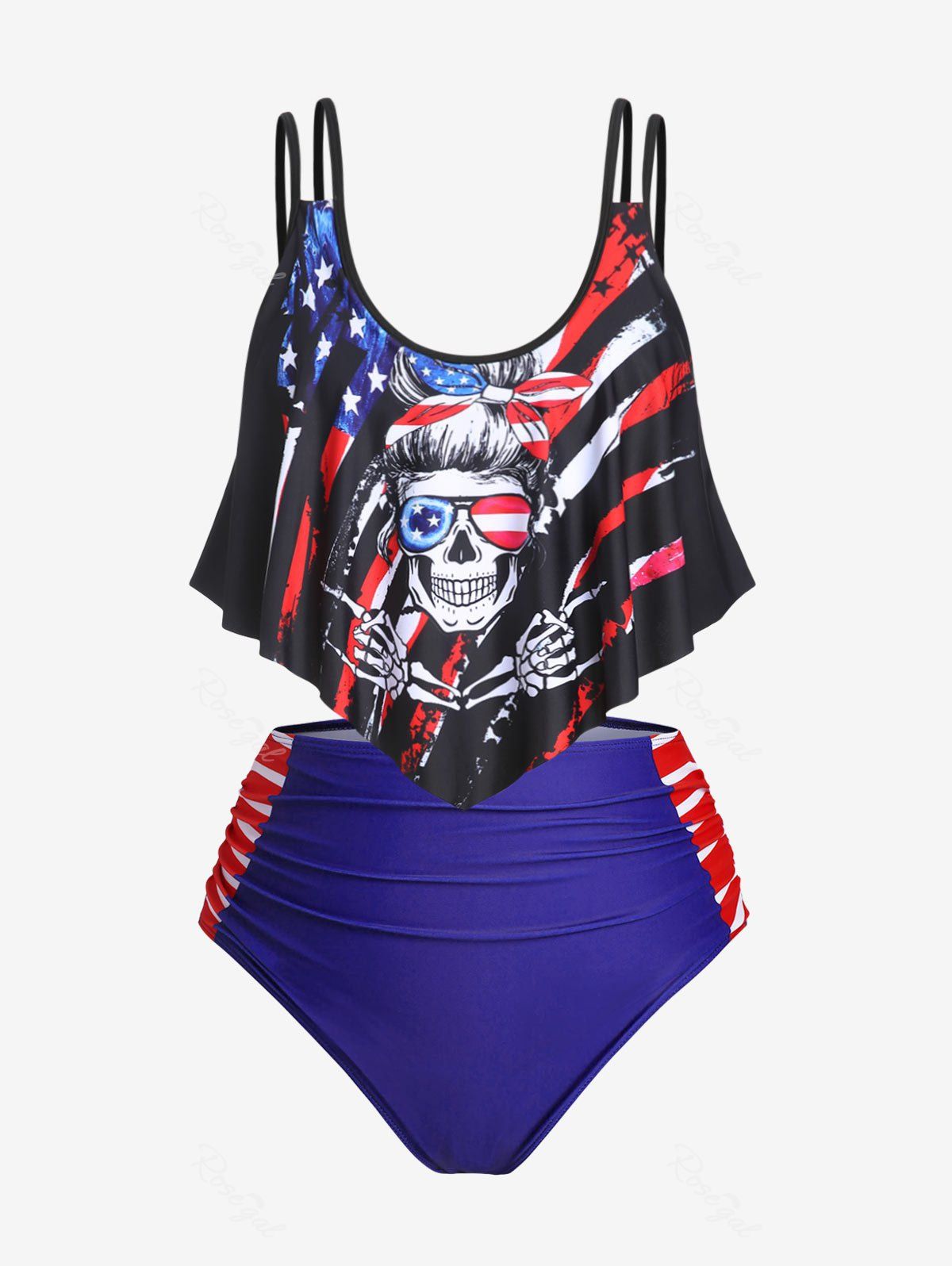 Cheap Plus Size & Curve American Flag Padded Overlay Patriotic Tankini Swimsuit  