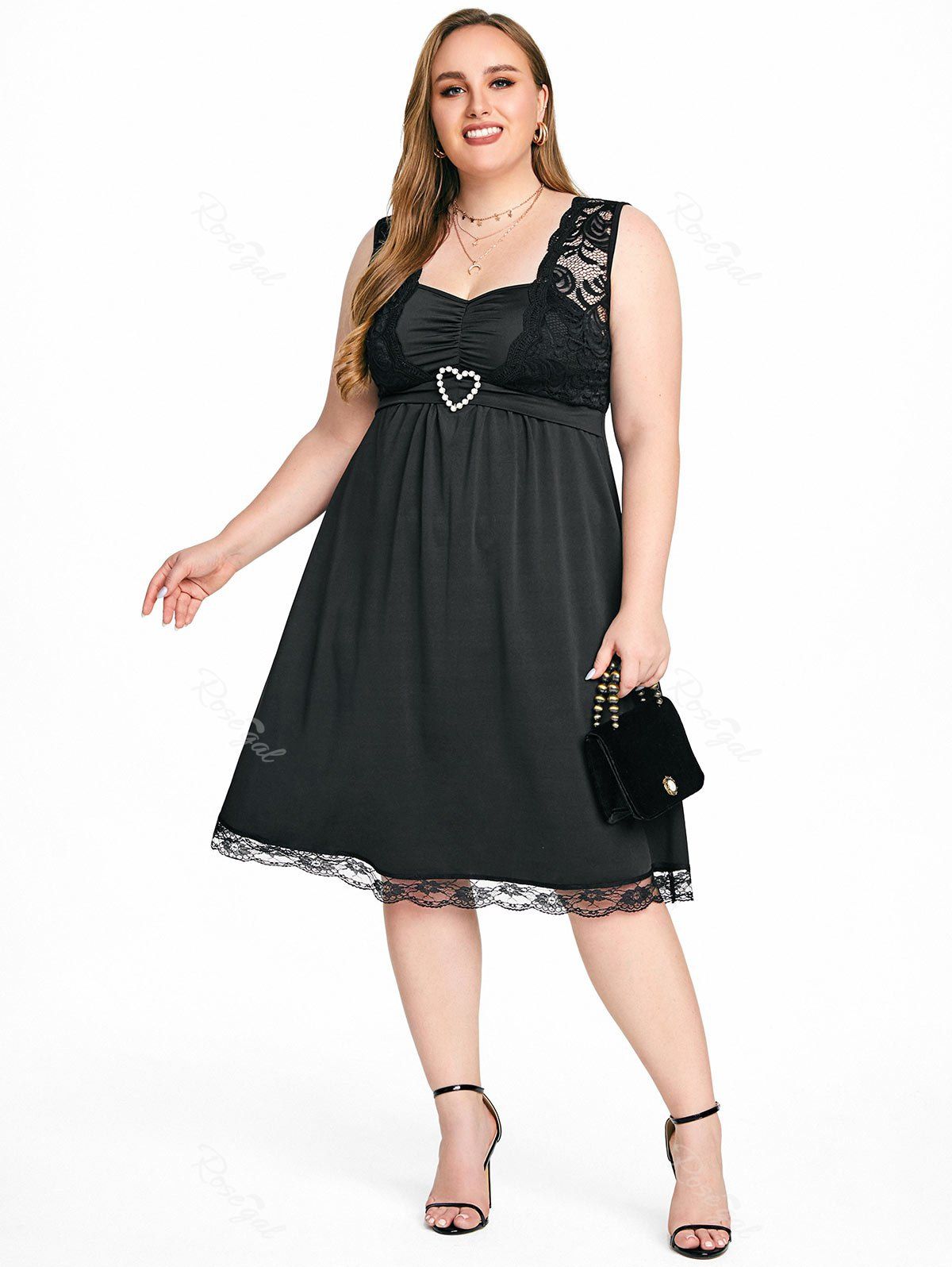 Outfit Plus Size Lace Insert Beading Heart Ring Ruched Dress  