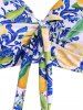 Lemon Floral Leaf Print Bowknot Ruffle Cinched Tankini Swimsuit -  