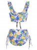 Lemon Floral Leaf Print Bowknot Ruffle Cinched Tankini Swimsuit -  