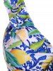 Lemon Floral Leaf Print Bowknot Ruffle Cinched Tankini Swimsuit -  