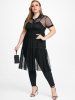 Plus Size Heart Pattern Longline Sheer Mesh Blouse and Camisole Twinset -  