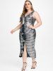 Robe de Soirée Moulante Mi-Longue en Couleur Métallisée de Grande Taille à Volants - Argent M | US 10