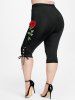 Lace Up Rose Applique Plus Size & Curve Capri Leggings -  