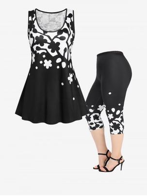 Monochrome Floral Lace Panel Tank Top and Capri Leggings Plus Size Summer Outfit