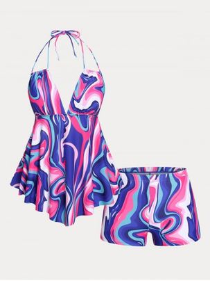 Swirl Print Open Back Halter Plunge Plus Size & Curve Tankini Swimsuit