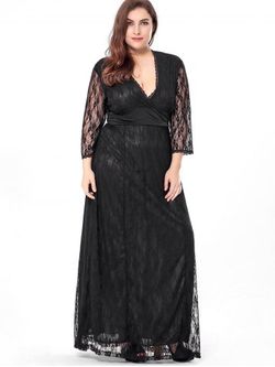 Plus Size & Curve Lace Surplice Maxi Party Formal Dress - BLACK - 5XL