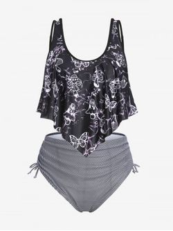 Plus Size & Curve Mushroom Print Ruffled Overlay Cinched Tankini Swimsuit - BLACK - 2X