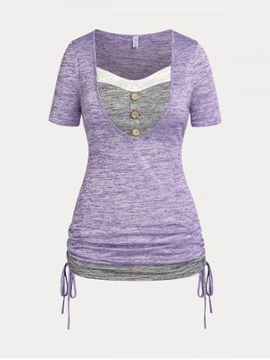 Plus Size & Curve Lace Panel Cinched Ruched Space Dye T Shirt