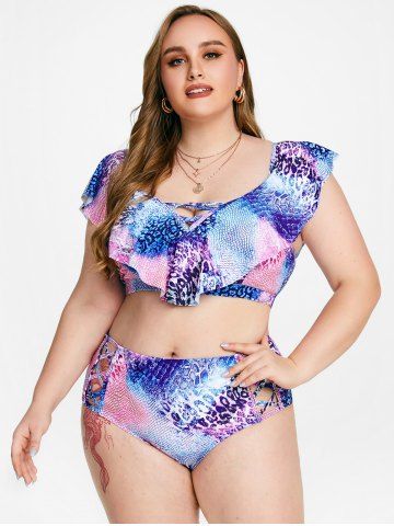 Plus Size Ruffled Overlay Snake Print Crisscross High Waist Tankini Swimsuit - MULTI - 4X