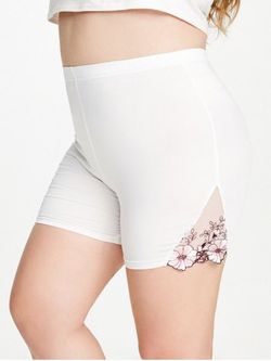 Plus Size Embroidered Floral Lace Panel Short Leggings - WHITE - L