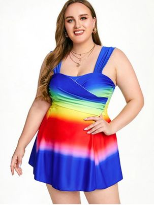 Plus Size & Curve Rainbow Color Crossover Boyleg Swim Dress