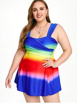 Plus Size & Curve Rainbow Color Crossover Boyleg Swim Dress - BLUE - 2X