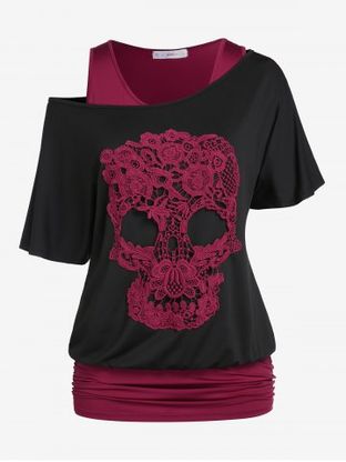 Plus Size & Curve Skew Neck Skull Lace Gothic Tee and Ruched Blouson Tank Top Set