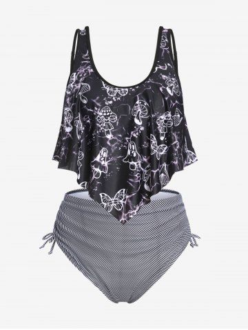 Maillot de Bain Tankini Superposé à Imprimé Champignon à Volants de Grande Taille - BLACK - L