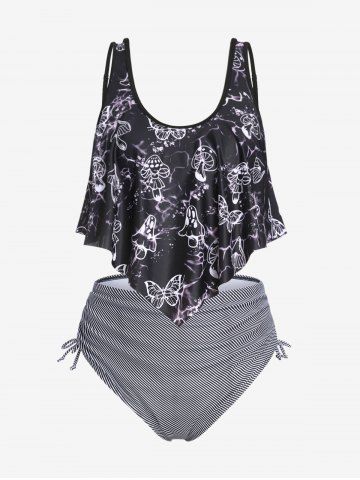 Plus Size & Curve Mushroom Print Ruffled Overlay Cinched Tankini Swimsuit - BLACK - 3X