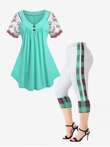 Raglan Sleeve Embroidered Tee and Plaid Capri Leggings Plus Size Summer Outfit - LIGHT GREEN