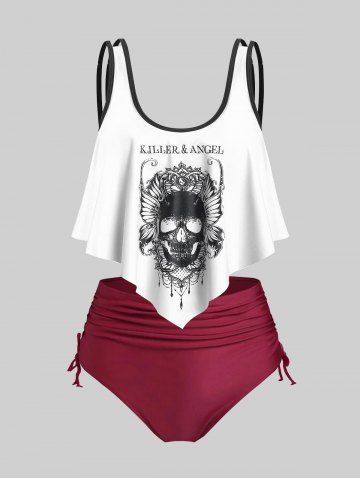 Plus Size & Curve Gothic Skull Print Ruffled Overlay Tankini Swimwear - WHITE - L