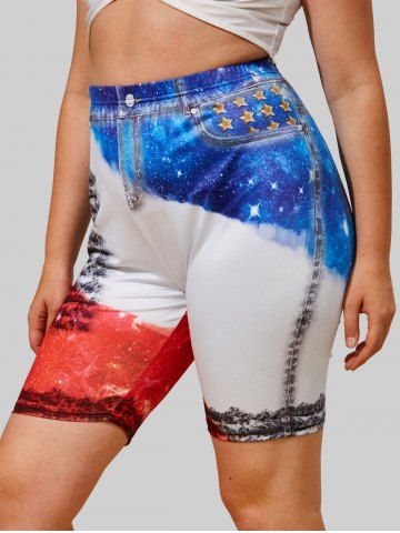 Plus Size Colorblock Galaxy Star Print Short Leggings - MULTI - 1X