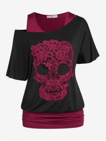Plus Size & Curve Skew Neck Skull Lace Gothic Tee and Ruched Blouson Tank Top Set - BLACK - M | US 10