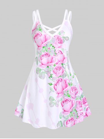 Vestido de Sol en Talla Extra con Estampado de Flores con Escote Pronunciado en Espalda - WHITE - 5X | US 30-32