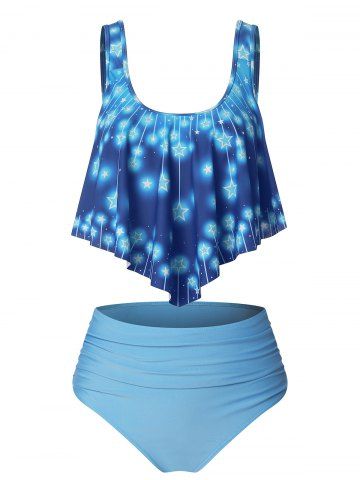 Stars Print Ruched Hem Tankini Swimwear - BLUE - S