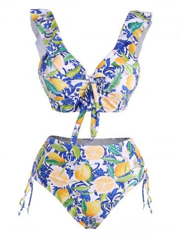 Lemon Floral Leaf Print Bowknot Ruffle Cinched Tankini Swimsuit - BLUE - S