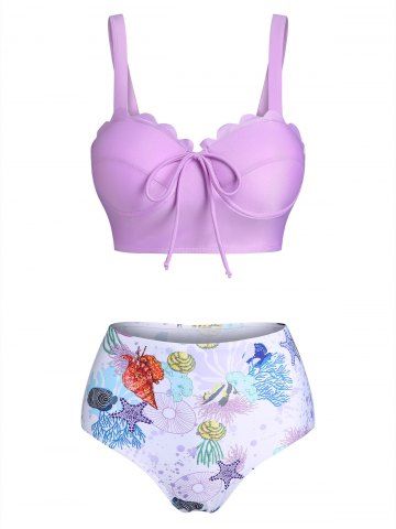 Underwire Tie Up Marine Life Corset Tankini Swimwear - LIGHT PURPLE - XL