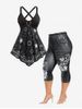 O Ring Sun and Moon Print Irregular Tank Top and Butterfly 3D Jean Leggings Plus Size Summer Outfit -  