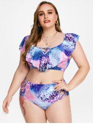Maillot de Bain Tankini Croisé Superposé à Imprimé Serpent à Taille Haute de Grande Taille à Volants - Multi 4X
