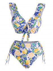 Lemon Floral Leaf Print Bowknot Ruffle Cinched Tankini Swimsuit -  