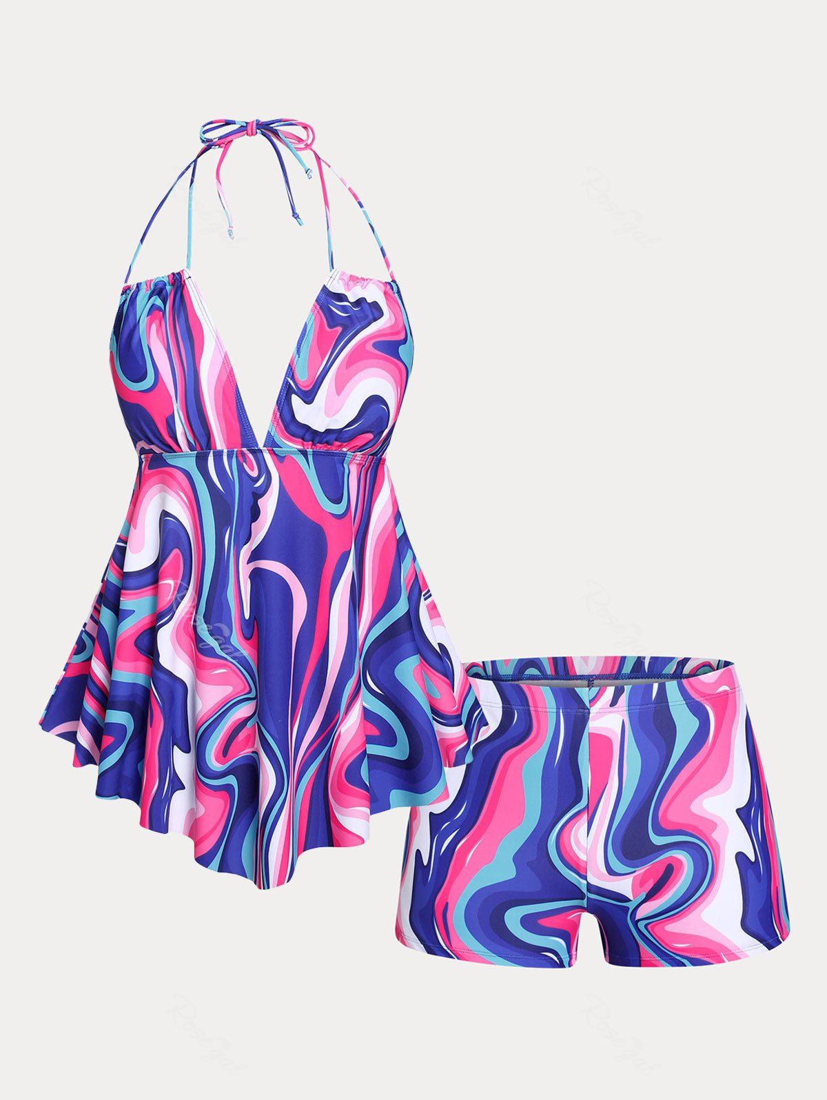 Store Swirl Print Open Back Halter Plunge Plus Size & Curve Tankini Swimsuit  