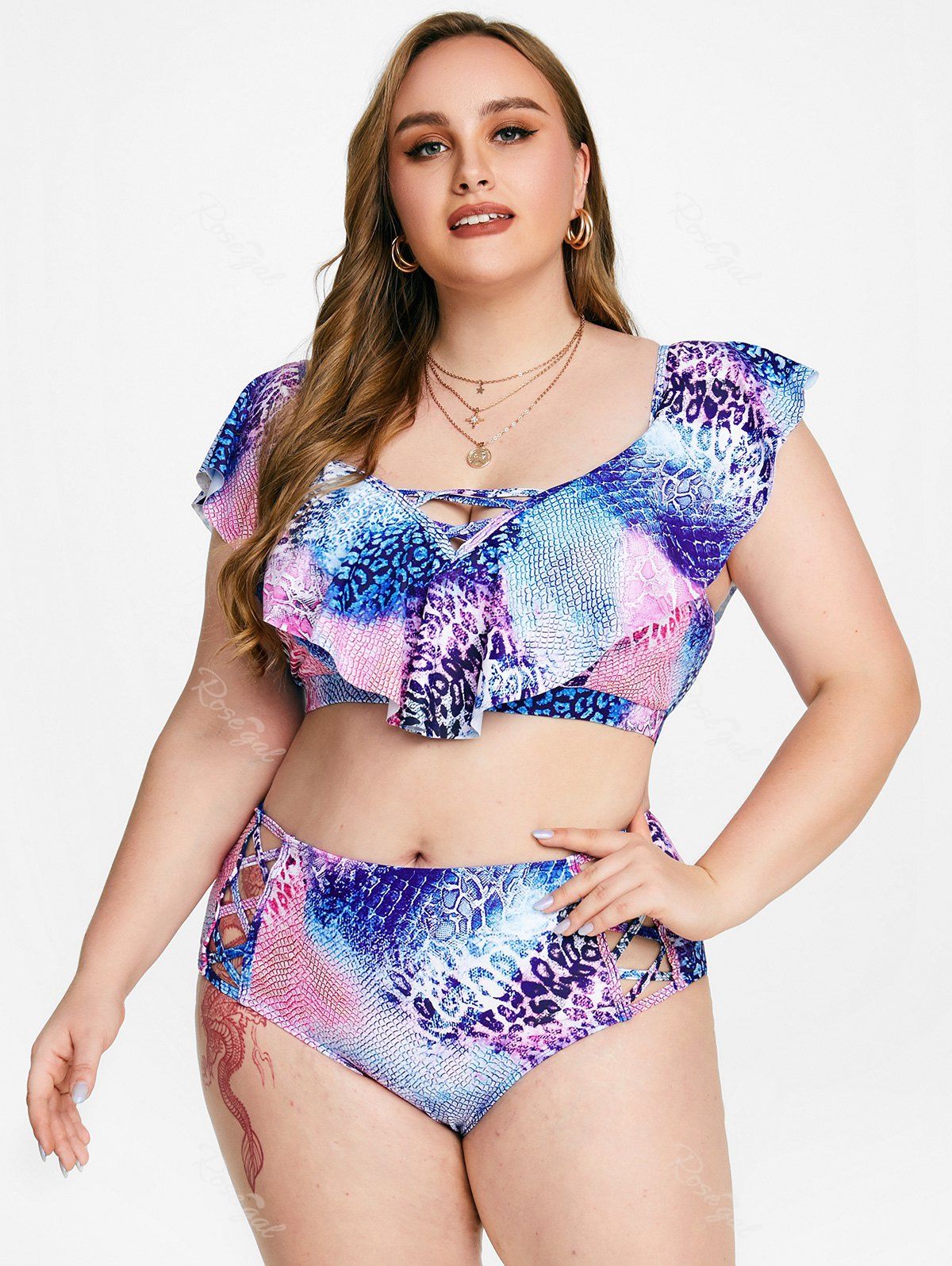 New Plus Size Ruffled Overlay Snake Print Crisscross High Waist Tankini Swimsuit  