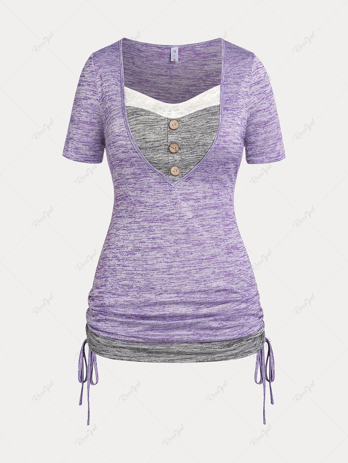 Store Plus Size & Curve Lace Panel Cinched Ruched Space Dye T Shirt  