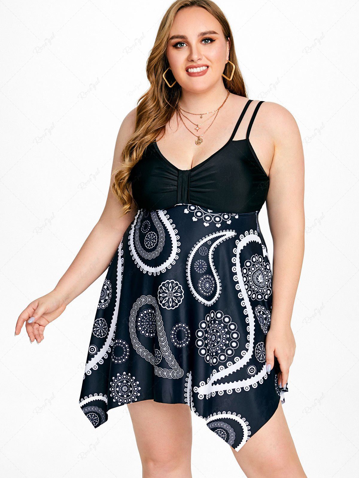 Fancy Plus Size & Curve Handkerchief Paisley Print Modest Swim Dress  