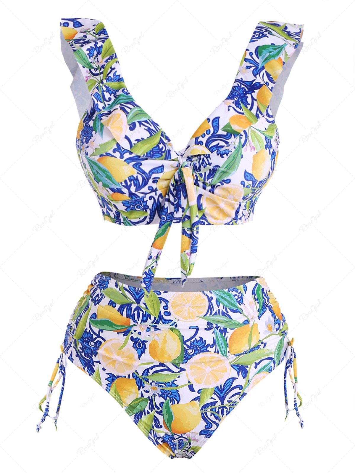 Online Lemon Floral Leaf Print Bowknot Ruffle Cinched Tankini Swimsuit  