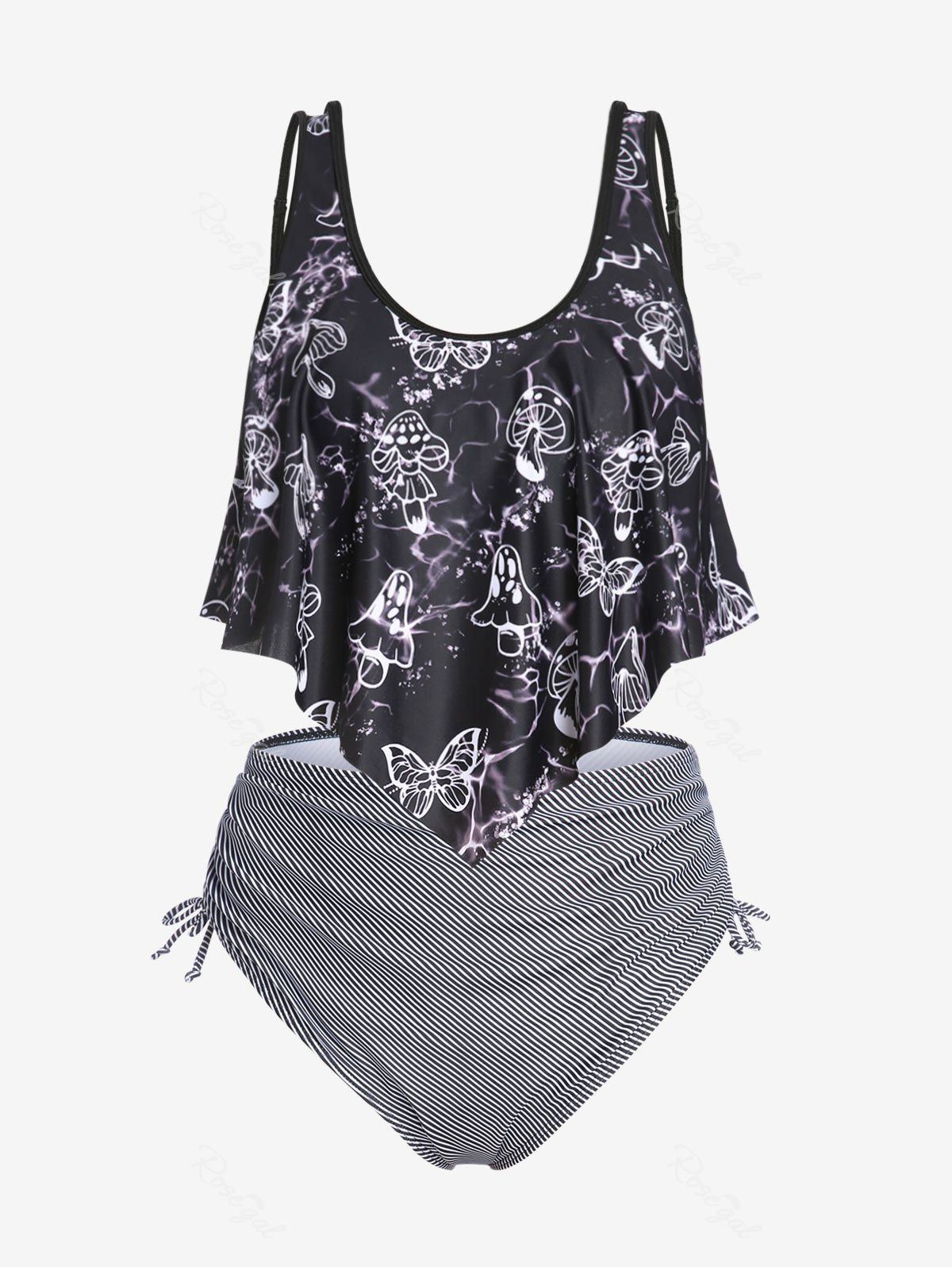 New Plus Size & Curve Mushroom Print Ruffled Overlay Cinched Tankini Swimsuit  