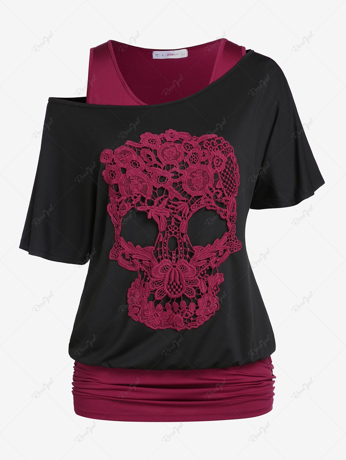 Trendy Plus Size & Curve Skew Neck Skull Lace Gothic Tee and Ruched Blouson Tank Top Set  